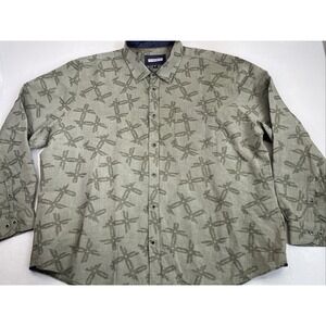 32 Bar Blues Linen Blend Long Sleeve Shirt Mens 3XL Green AOP Button Up